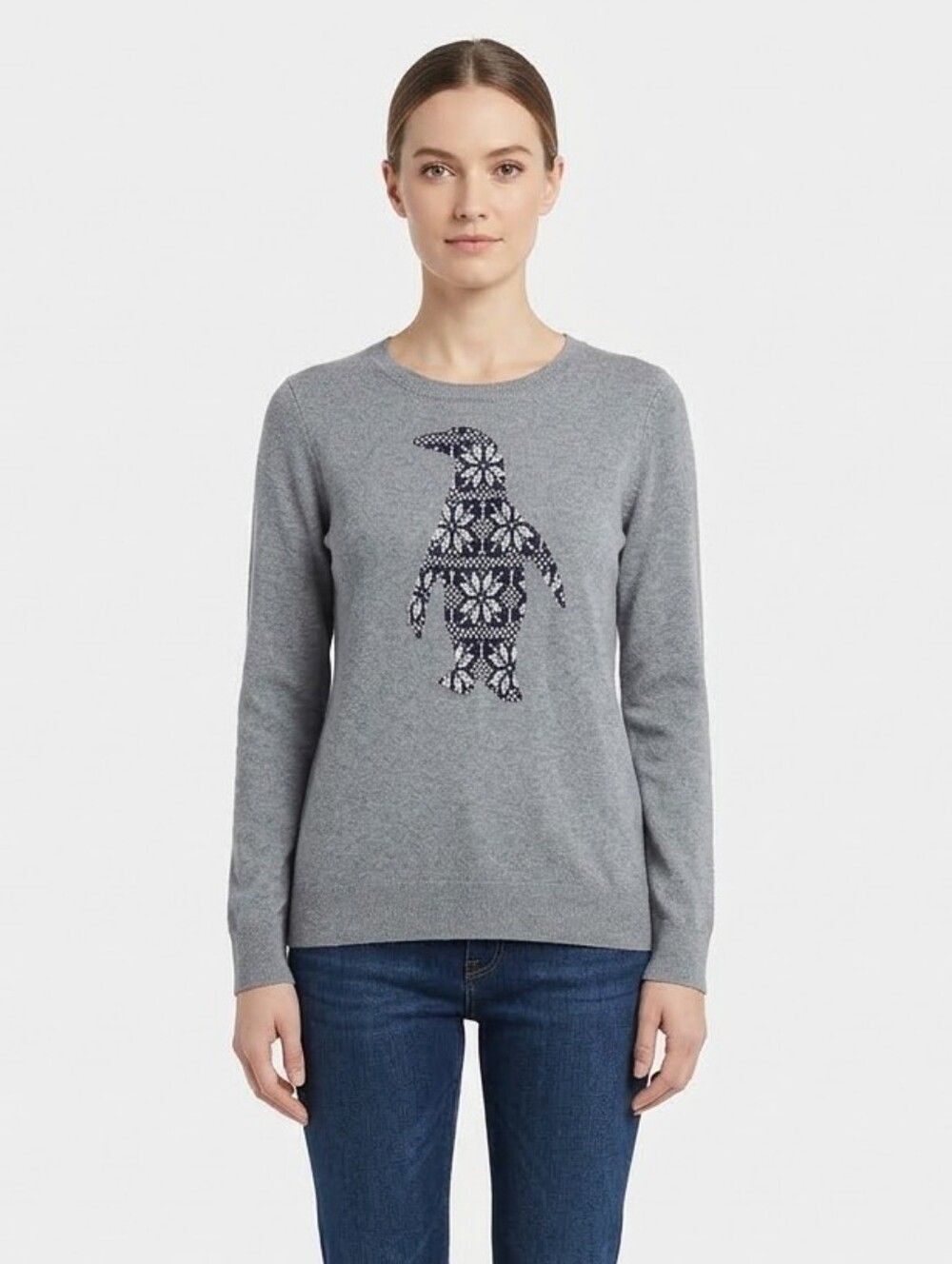 LOFT Gray Intarsia Knit Penguin Sweater Top Cotton Size Large Snowflake Nordic L